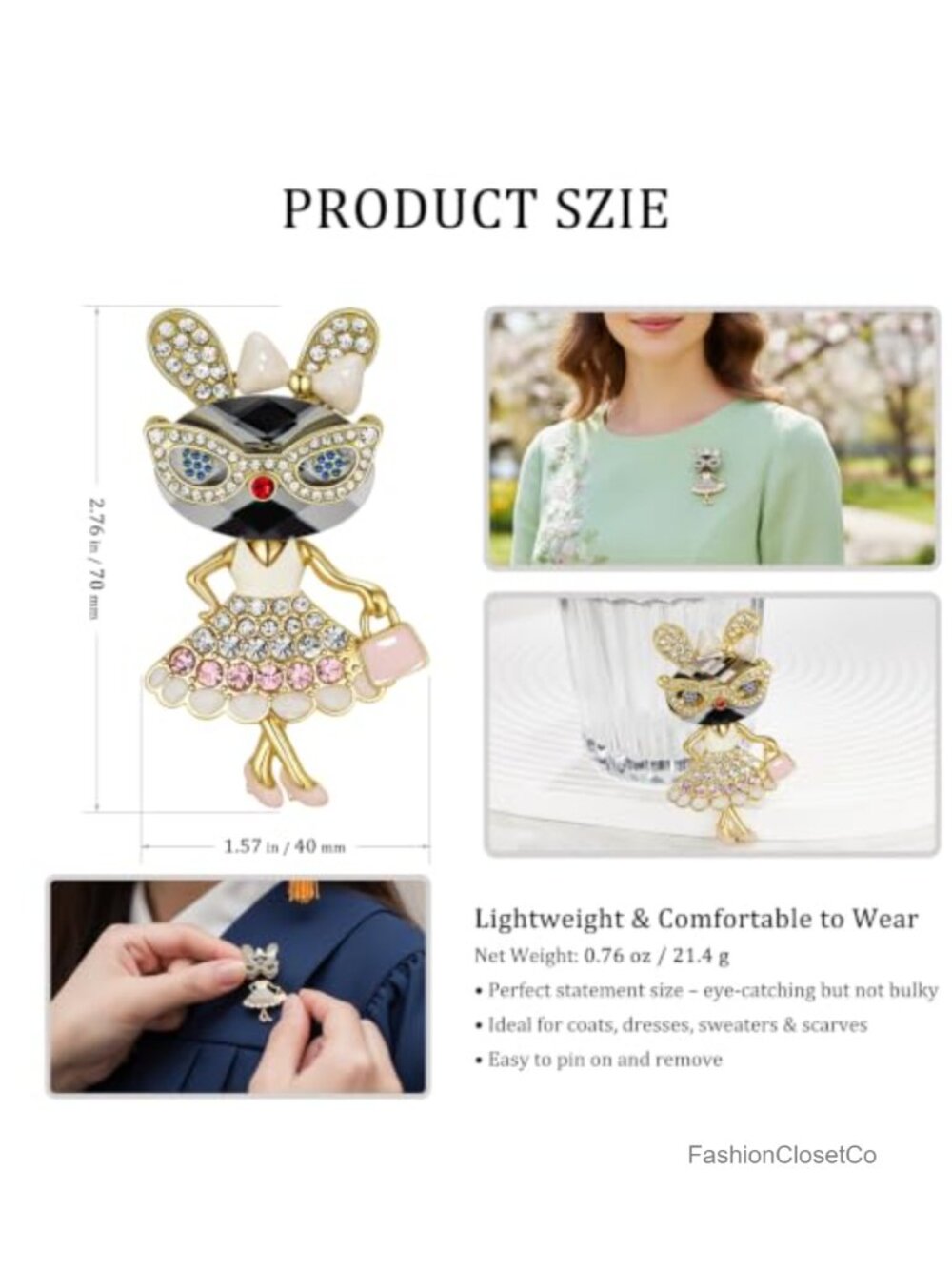 Gold Plated Rhinestone Bunny Brooch Pin Easter Spring Accessory - Picture 4 of 6